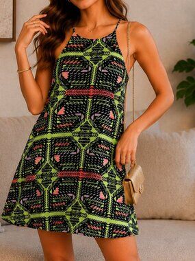 Meghan Los Angeles Geometric Print Halter Mini Dress Black Lime Y2K Resort USA S